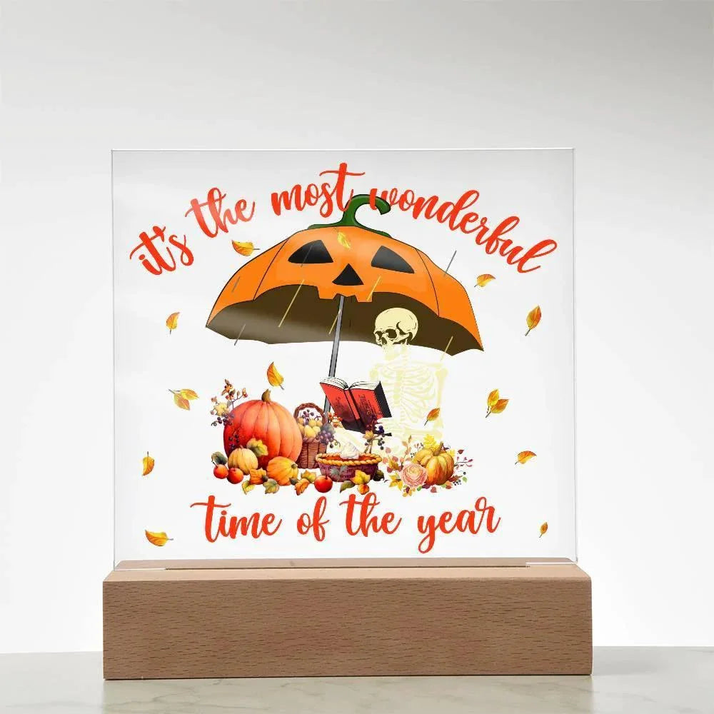 Halloween Decor - Most Wonderful Time of The Year Acrylic Square Plaque with LED Wooden Base