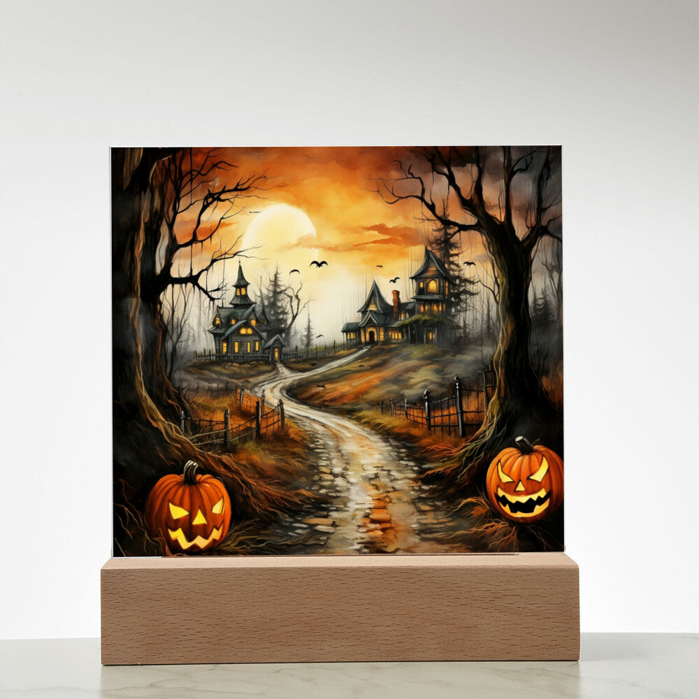 Twilight Terrace: Eerie Mansion Halloween Acrylic Plaque - Mallard Moon Gift Shop