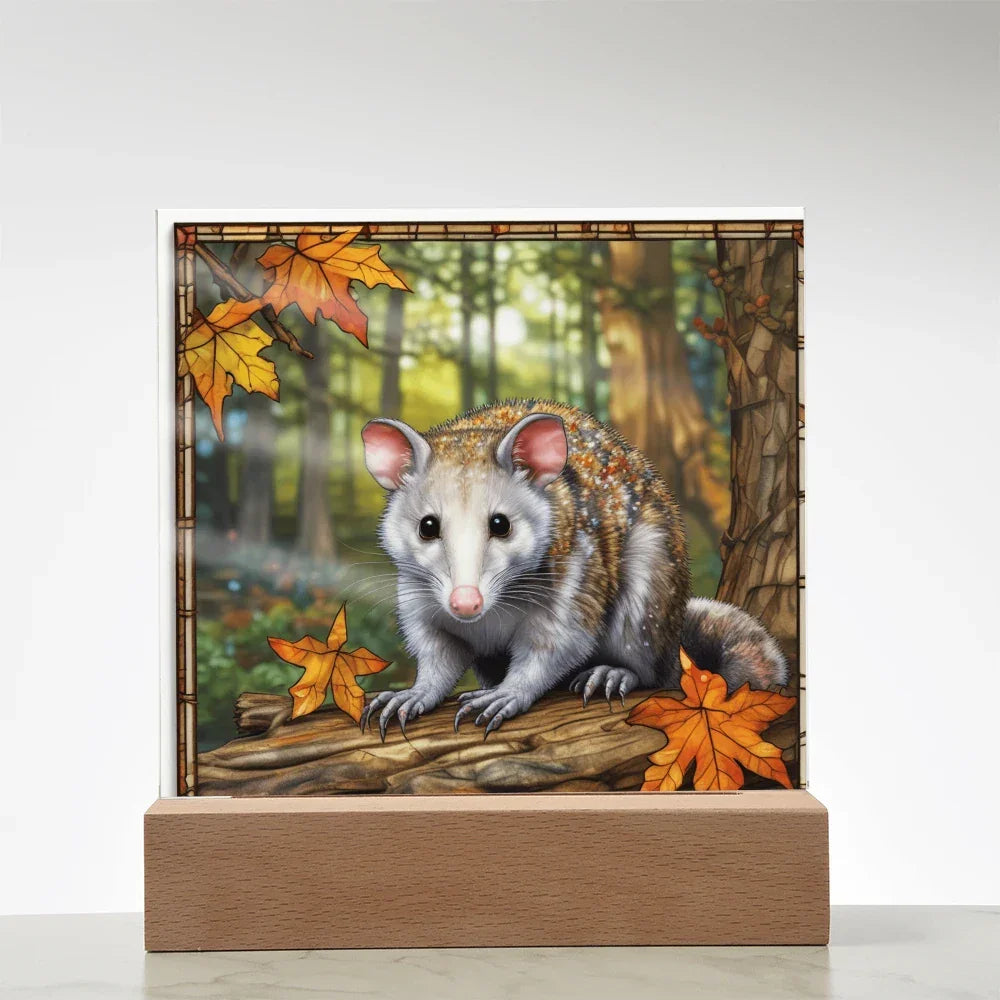 North American Opossum LED Acrylic Plaque – Autumn Forest Scene – Wooden Base (Battery or Corded)