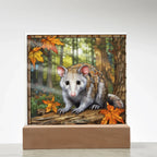 North American Opossum LED Acrylic Plaque – Autumn Forest Scene – Wooden Base (Battery or Corded)