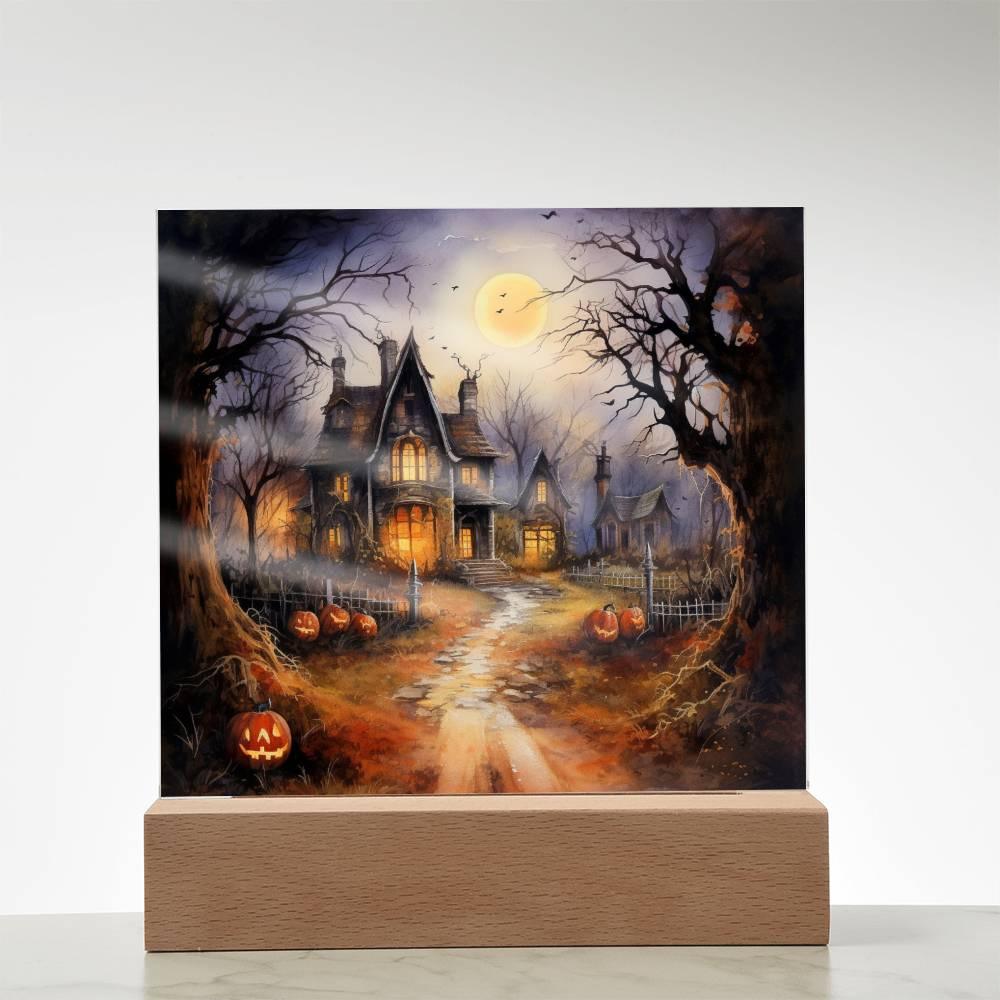 Ghostly Manor: Halloween Acrylic Square Plaque with LED Lighted Wooden Base - Mallard Moon Gift Shop