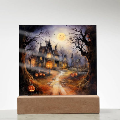 Ghostly Manor: Halloween Acrylic Square Plaque with LED Lighted Wooden Base - Mallard Moon Gift Shop