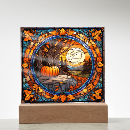 Stained Glass Autumn Pumpkin Sunset Acrylic Plaque – Fall Harvest Home Decor with LED Light Base | Thanksgiving Window Art Accent