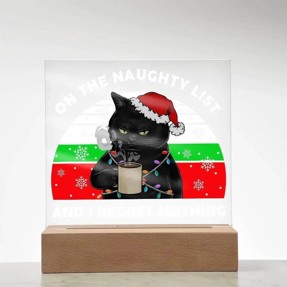 Christmas Santa's Naughty List Acrylic Square Plaque with LED Wooden Base
