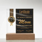 World's Greatest Mom Certificate LED Acrylic Plaque – Personalized Best Mom Award 2025 Mother's Day Gift