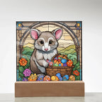 Possum LED Acrylic Plaque, Night Light – Spring Flowers & Easter Egg Basket – Wooden Base (Battery or Corded)