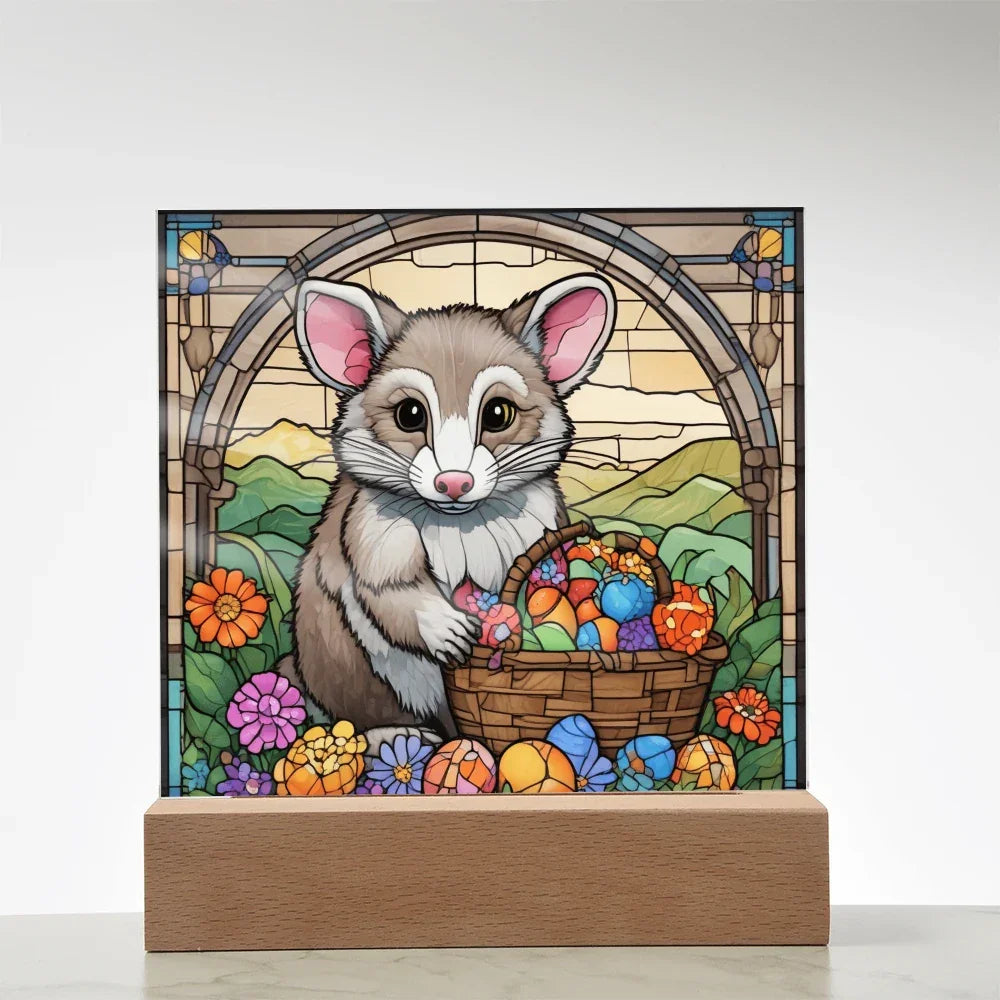 Possum LED Acrylic Plaque, Night Light – Spring Flowers & Easter Egg Basket – Wooden Base (Battery or Corded)
