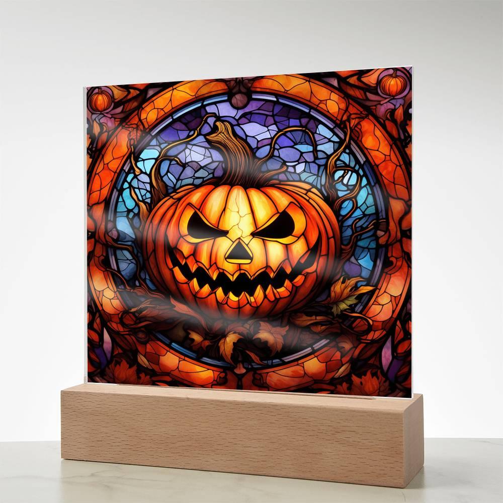 Halloween Pumpkin Stained-Glass Acrylic Square Plaque with LED Wooden Base - Mallard Moon Gift Shop