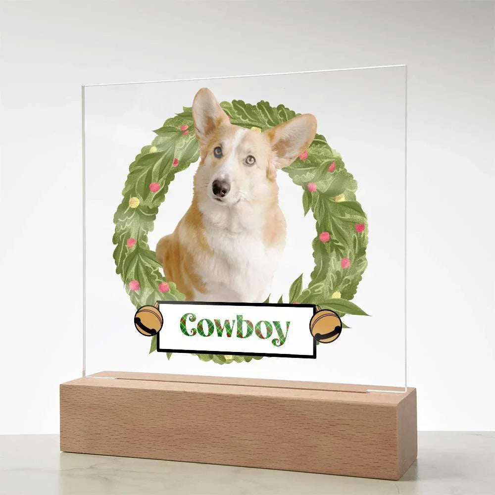 Pet Personalized Holiday Wreath Photo Upload Keepsake Acrylic Plaque with Lighted LED Wooden Base