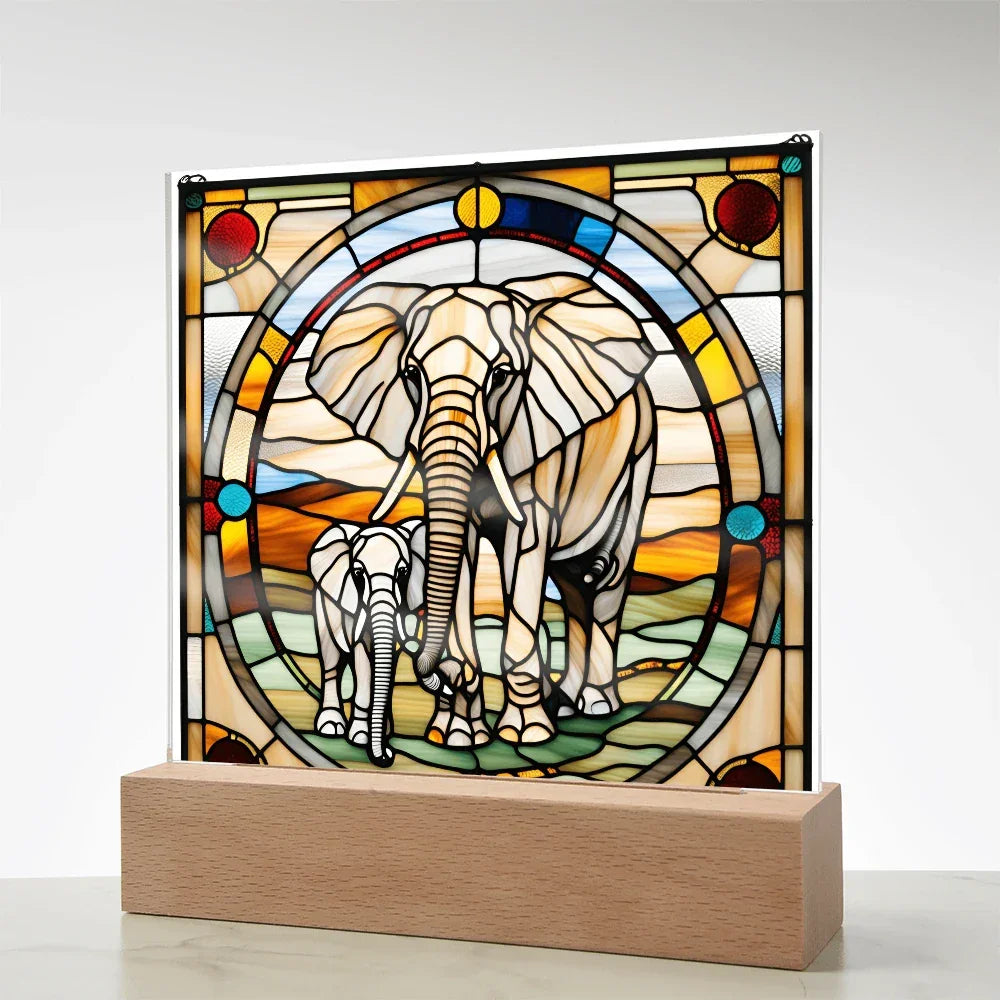 Elephant Mother and Baby Calf - Stained Glass Style LED Acrylic Plaque – A Symbol of Strength, Love, and Family