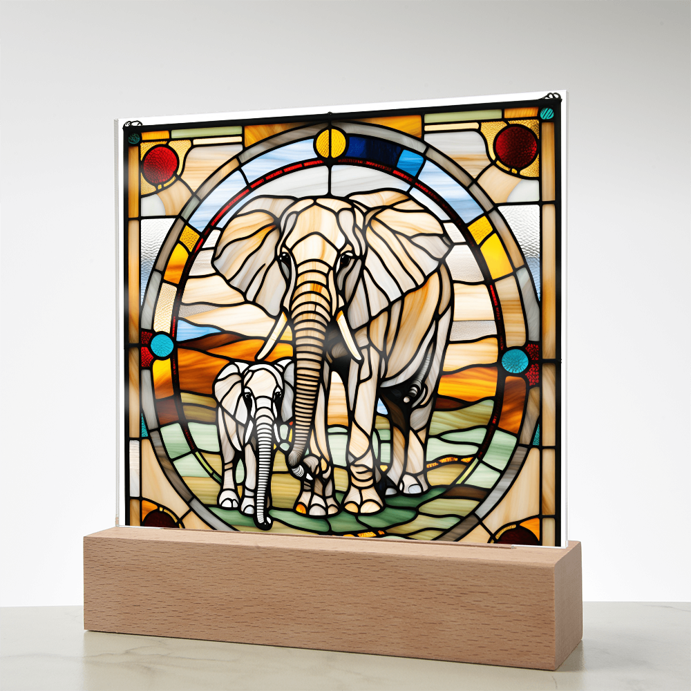 Elephant Mother and Baby Calf - Stained Glass Style LED Acrylic Plaque – A Symbol of Strength, Love, and Family - Mallard Moon Gift Shop