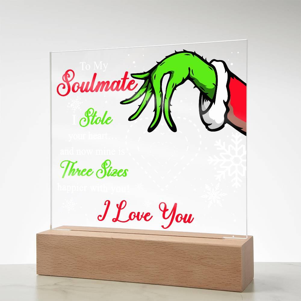 Soulmate Gift - Stole My Heart - Christmas Acrylic Plaque with Lighted LED wooden Base - Mallard Moon Gift Shop
