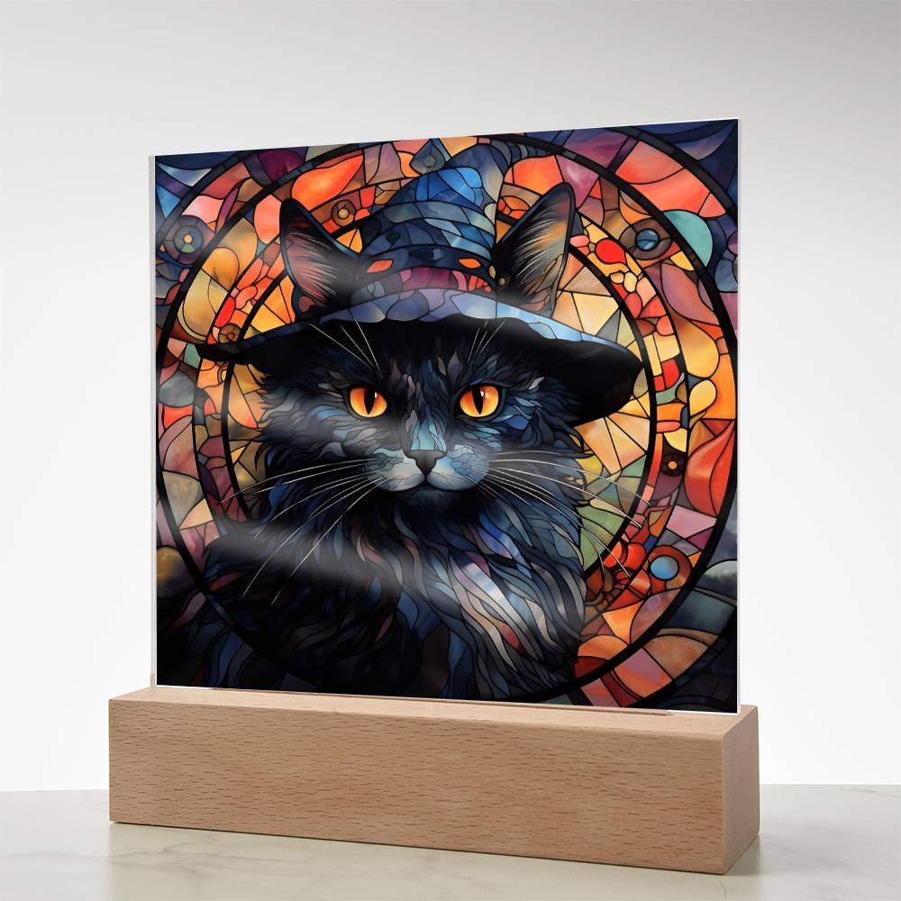 Halloween Decor - Spooky Black Cat Acrylic Square Plaque with LED Wooden Base - Mallard Moon Gift Shop