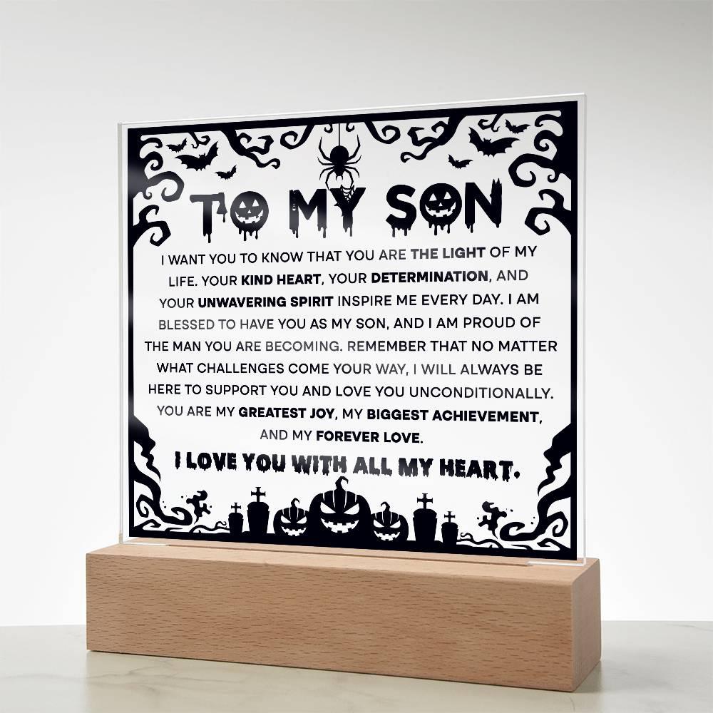 Son - Proudest Achievement - Halloween Acrylic Square Plaque with LED Wooden Base - Mallard Moon Gift Shop