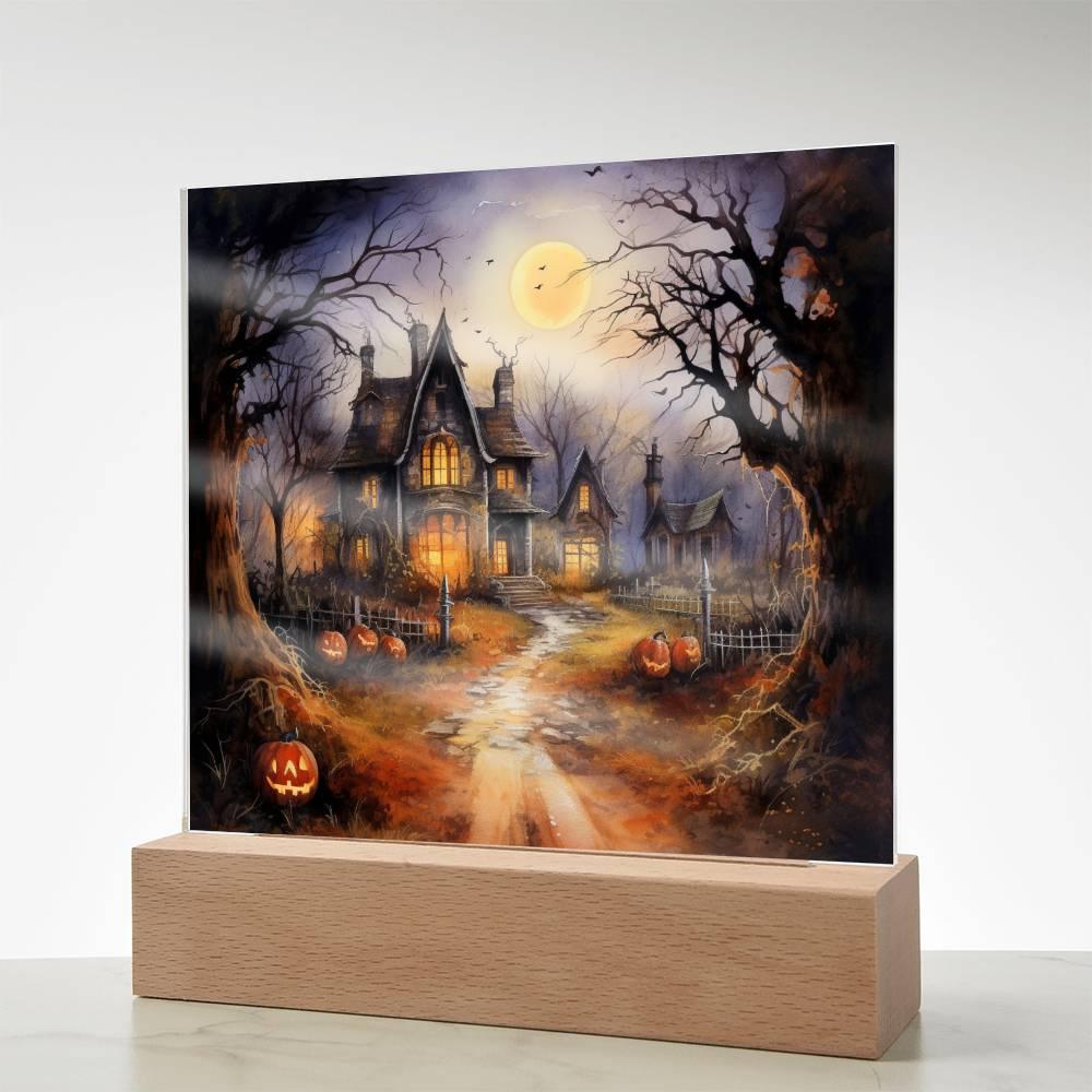 Ghostly Manor: Halloween Acrylic Square Plaque with LED Lighted Wooden Base - Mallard Moon Gift Shop