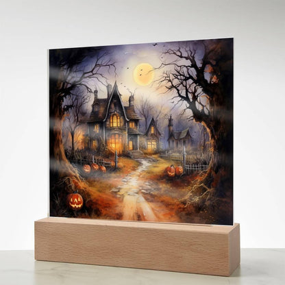 Ghostly Manor: Halloween Acrylic Square Plaque with LED Lighted Wooden Base - Mallard Moon Gift Shop