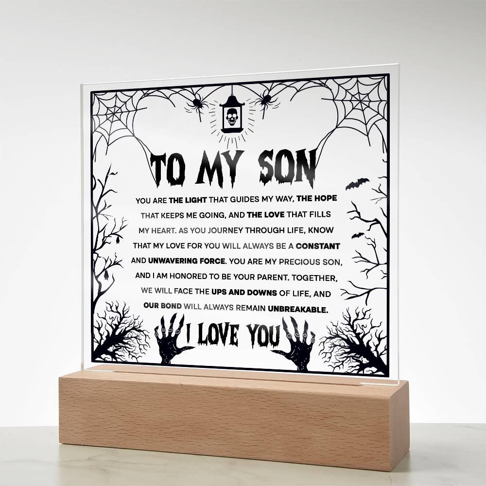 Son - Unwavering Force - Halloween Acrylic Square Plaque with LED Wooden Base - Mallard Moon Gift Shop