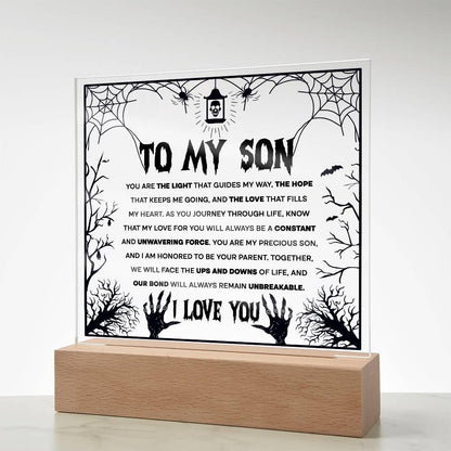 Son - Unwavering Force - Halloween Acrylic Square Plaque with LED Wooden Base - Mallard Moon Gift Shop