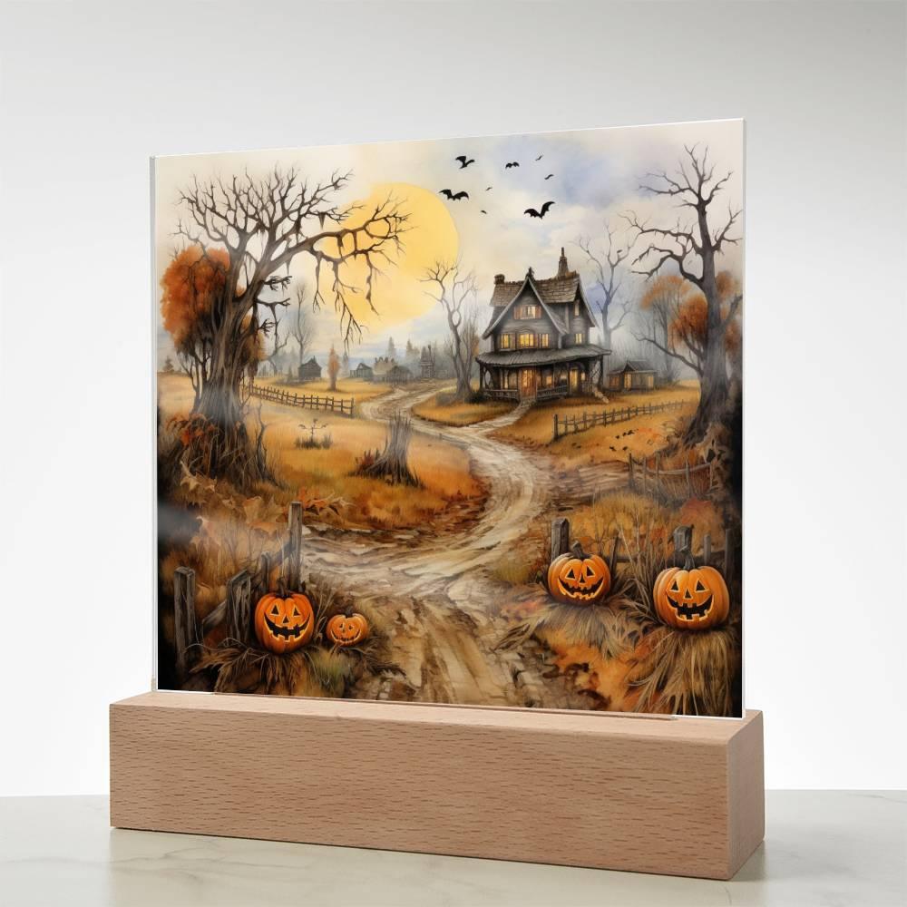 Haunted Elegance: Spooky Halloween Mansion Acrylic Square Plaque with LED Lighted Wooden Base - Mallard Moon Gift Shop