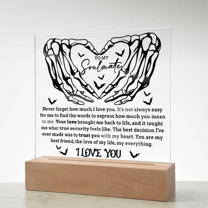 Soulmate - True Security - Halloween Acrylic Square Plaque with LED Lighted Wooden Base - Mallard Moon Gift Shop