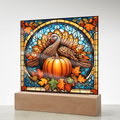 Thanksgiving Stained Glass Turkey Acrylic Plaque – Elegant Fall Home Decor with LED Light Base | Autumn Window Art Inspired Gift