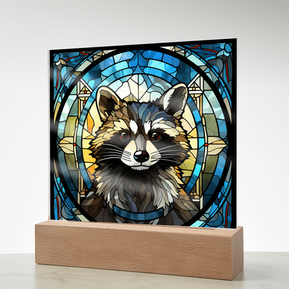 Stained Glass Raccoon Acrylic LED Light Plaque – Custom Animal Art Gift with Wooden Base - Mallard Moon Gift Shop