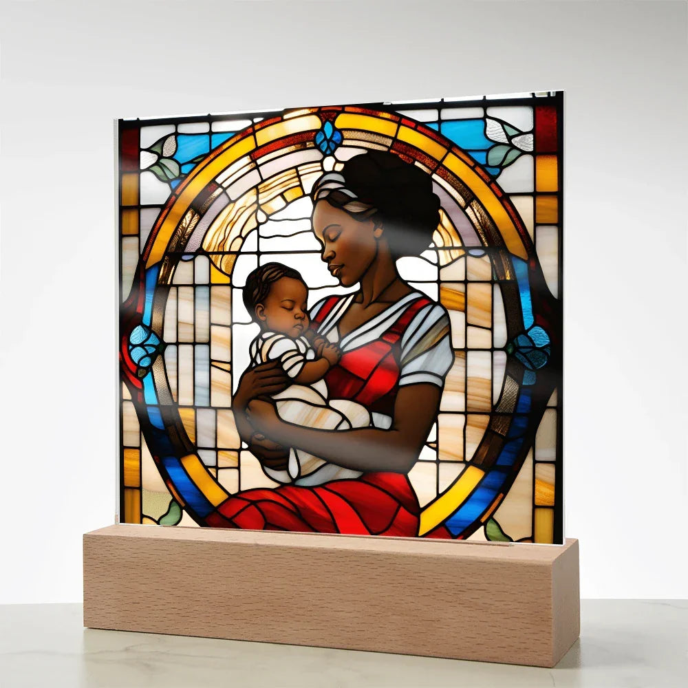 Black Mother and Baby Stained Glass Style LED Acrylic Plaque – A Powerful Tribute for New Moms and Mother's Day