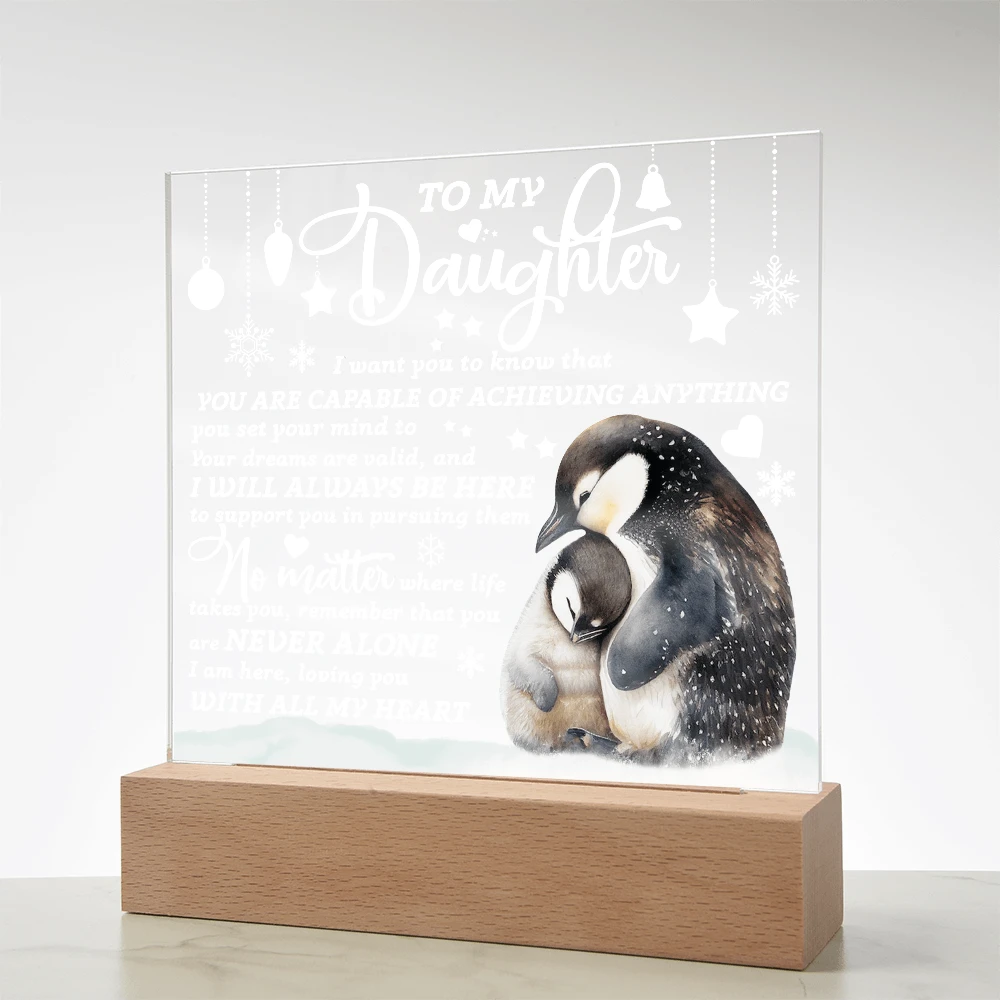 Daughter Penguin Acrylic Plaque – Heartfelt Christmas or Birthday Gift from Mom or Dad | “You Are Capable” LED Light Display
