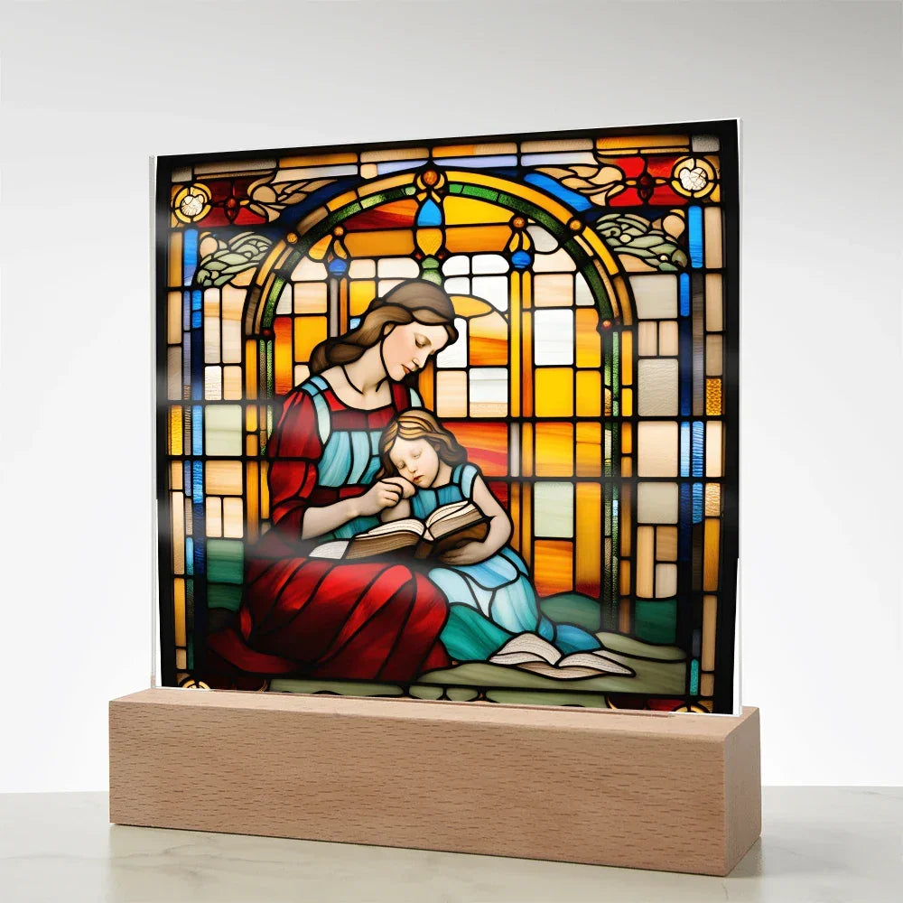 Mother and Child Reading Together Stained-Glass Style LED Acrylic Plaque – A Heartfelt Gift for Moms and Book-Loving Families
