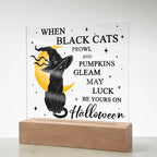 Halloween Decor - Black Cats and Pumpkins Gleam Acrylic Square Plaque with LED Wooden Base