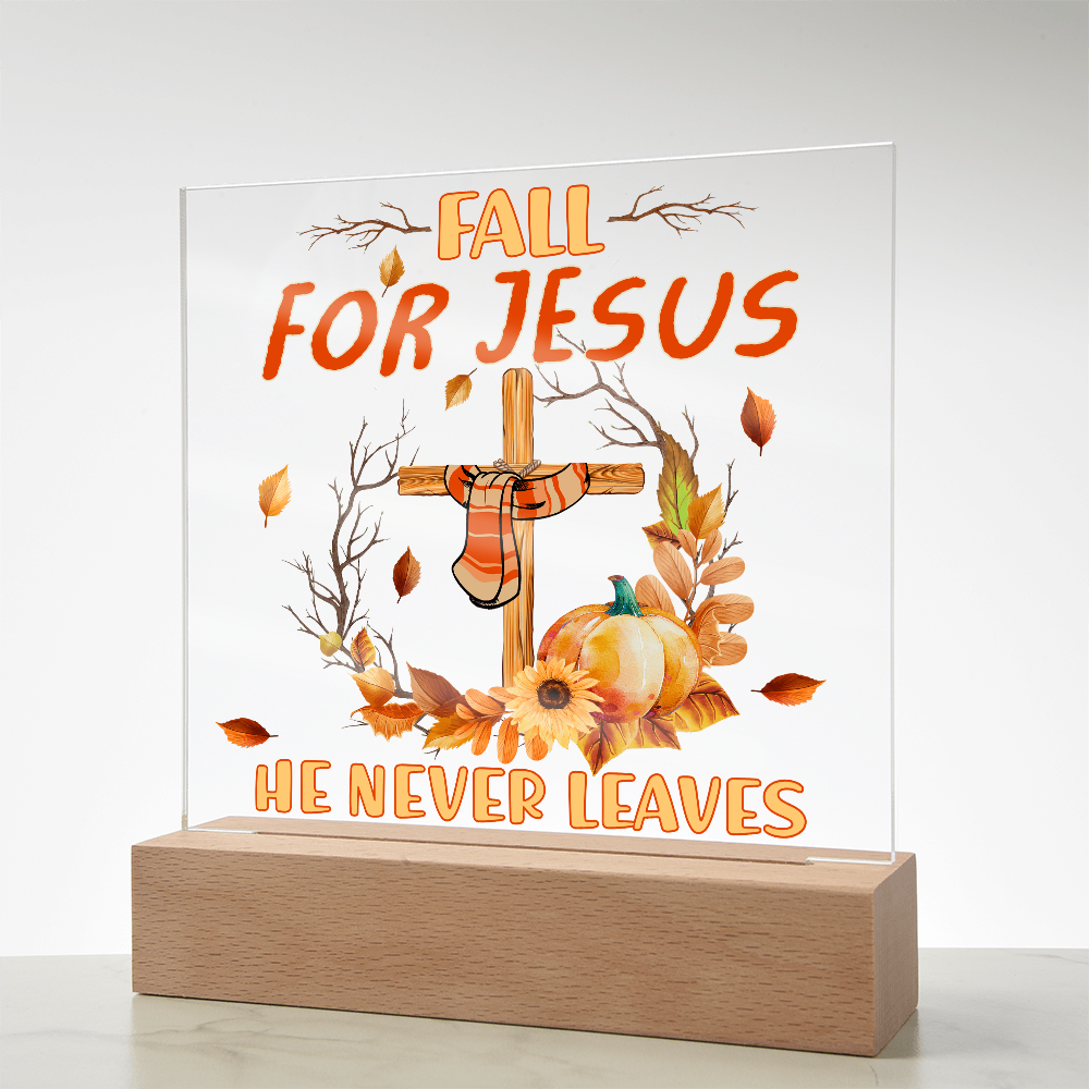 Fall for Jesus Acrylic Plaque – Christian Fall Décor with Cross and Pumpkins | Faith-Based LED Light Display Gift