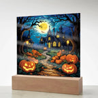 Halloween Decor Haunted Mansion Acrylic Square Plaque with LED Wooden Base