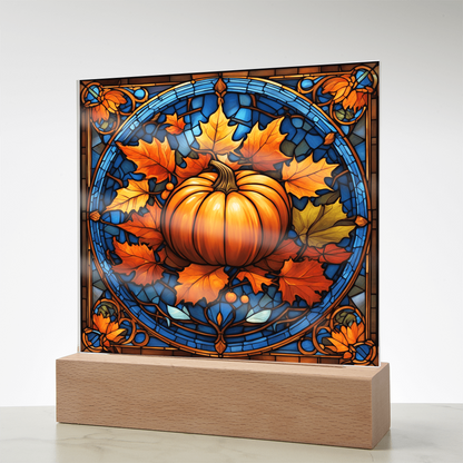 Stained Glass Pumpkin Acrylic Plaque – Elegant Thanksgiving Home Décor | Fall Harvest LED Light Display
