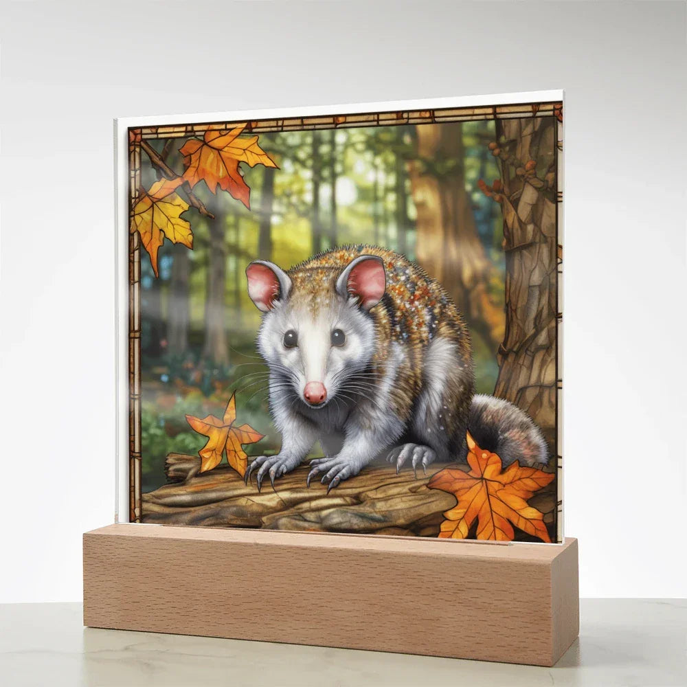 North American Opossum LED Acrylic Plaque – Autumn Forest Scene – Wooden Base (Battery or Corded)