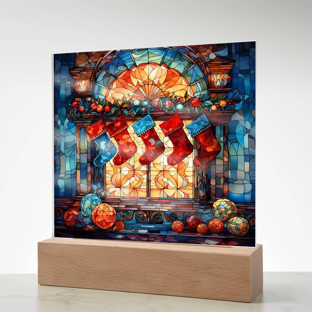 Stained Glass Christmas Stockings Acrylic Plaque with Lighted LED Wooden Base - Mallard Moon Gift Shop