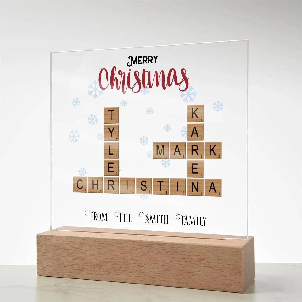 Personalized Crossword Puzzle Merry Christmas Acrylic Plaque with Lighted LED Wooden Base