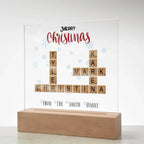 Personalized Crossword Puzzle Merry Christmas Acrylic Plaque with Lighted LED Wooden Base