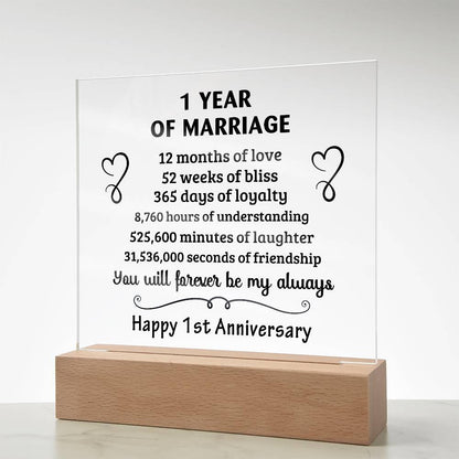 Anniversary Gift - One Year Of Marriage Acrylic Square Plaque with LED Wooden Base - Mallard Moon Gift Shop