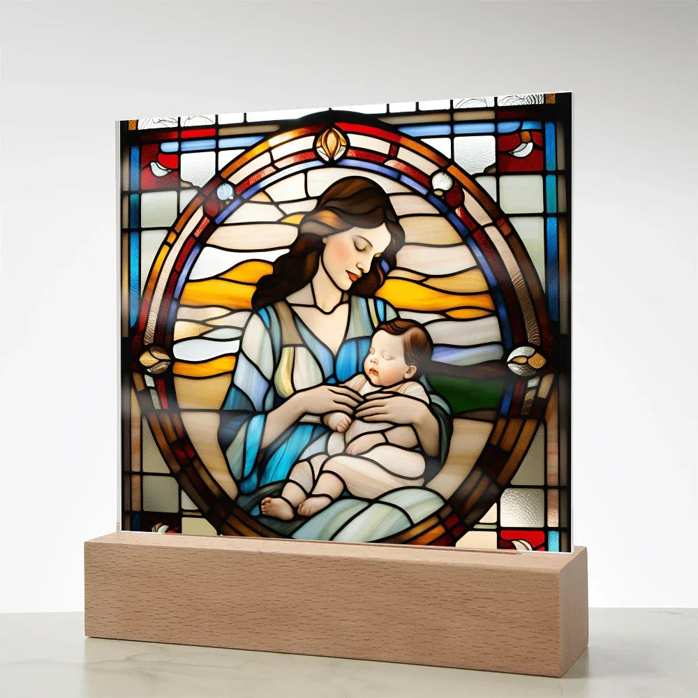 Brunette Mother and Baby - Stained Glass Style LED Acrylic Plaque – A Cherished Gift for Mother's Day or New Moms