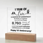 Anniversary Gift One Year of Love, Countless Happy Memories Acrylic Square Plaque with LED Wooden Base