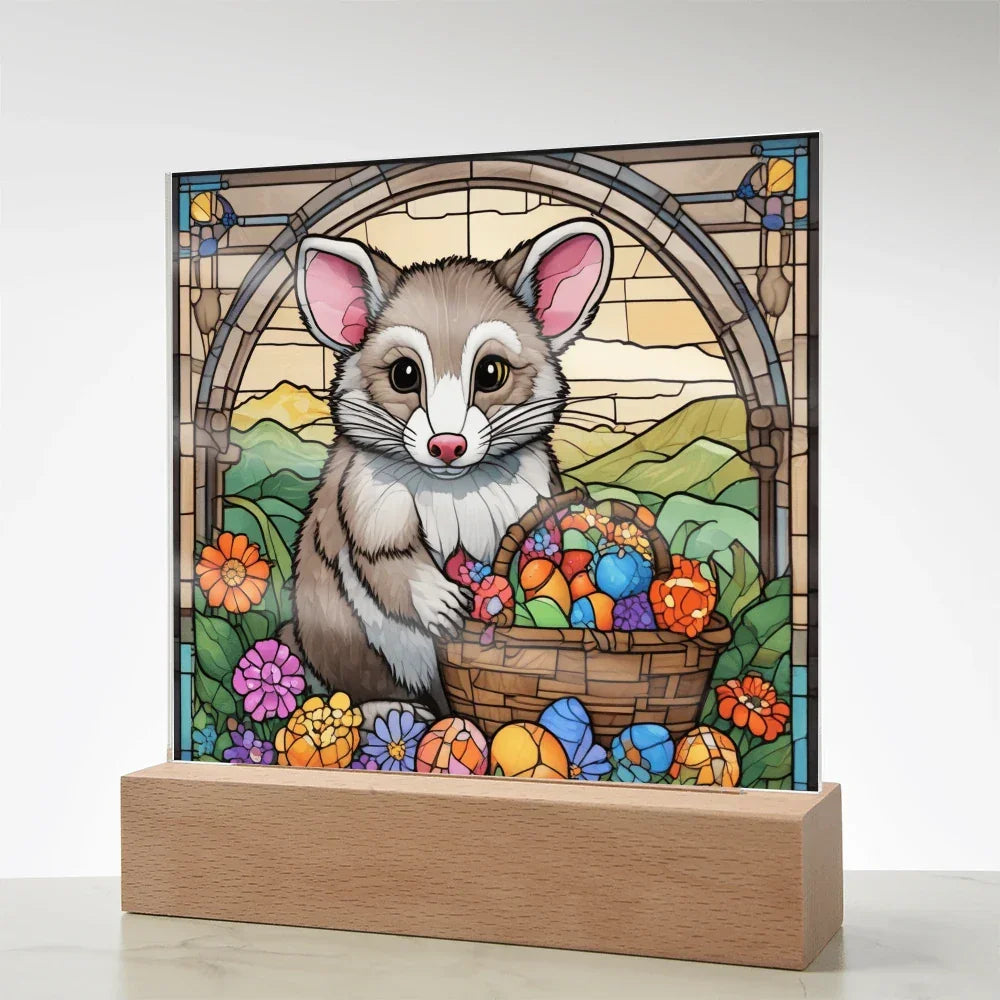Possum LED Acrylic Plaque, Night Light – Spring Flowers & Easter Egg Basket – Wooden Base (Battery or Corded)
