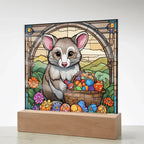 Possum LED Acrylic Plaque, Night Light – Spring Flowers & Easter Egg Basket – Wooden Base (Battery or Corded)
