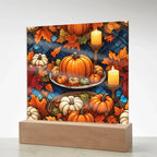 Stained Glass Pumpkin & Candle Acrylic Plaque – Thanksgiving Harvest Centerpiece | Fall Home Décor with LED Light Base