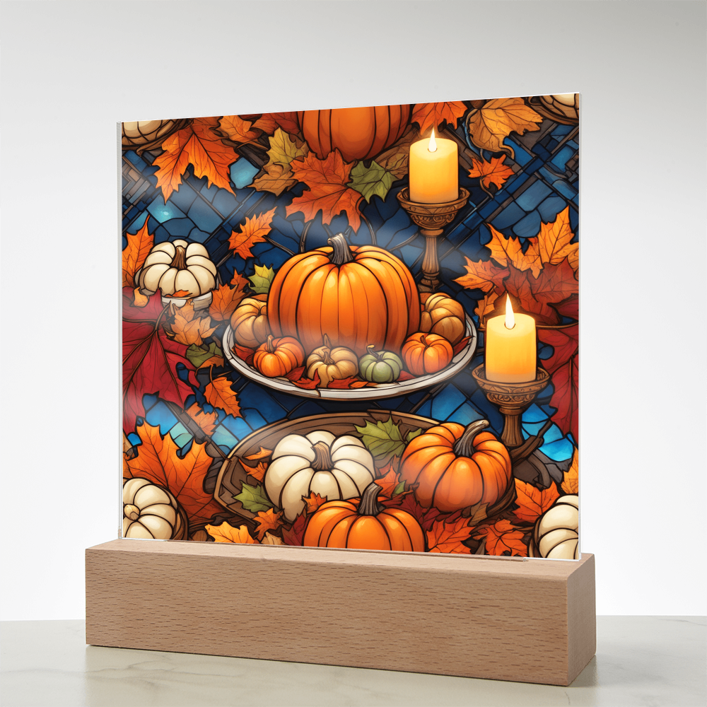 Stained Glass Pumpkin & Candle Acrylic Plaque – Thanksgiving Harvest Centerpiece | Fall Home Décor with LED Light Base