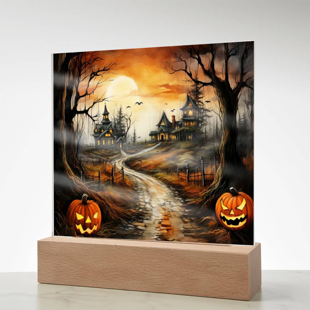 Twilight Terrace: Eerie Mansion Halloween Acrylic Plaque - Mallard Moon Gift Shop