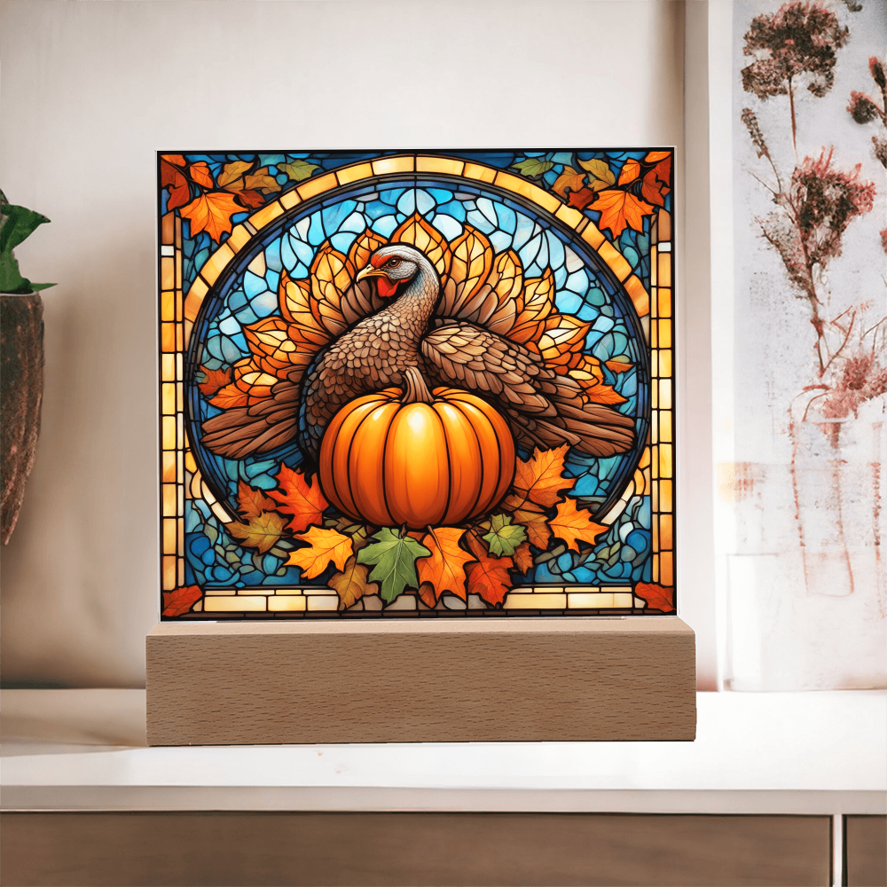 Thanksgiving Stained Glass Turkey Acrylic Plaque – Elegant Fall Home Decor with LED Light Base | Autumn Window Art Inspired Gift