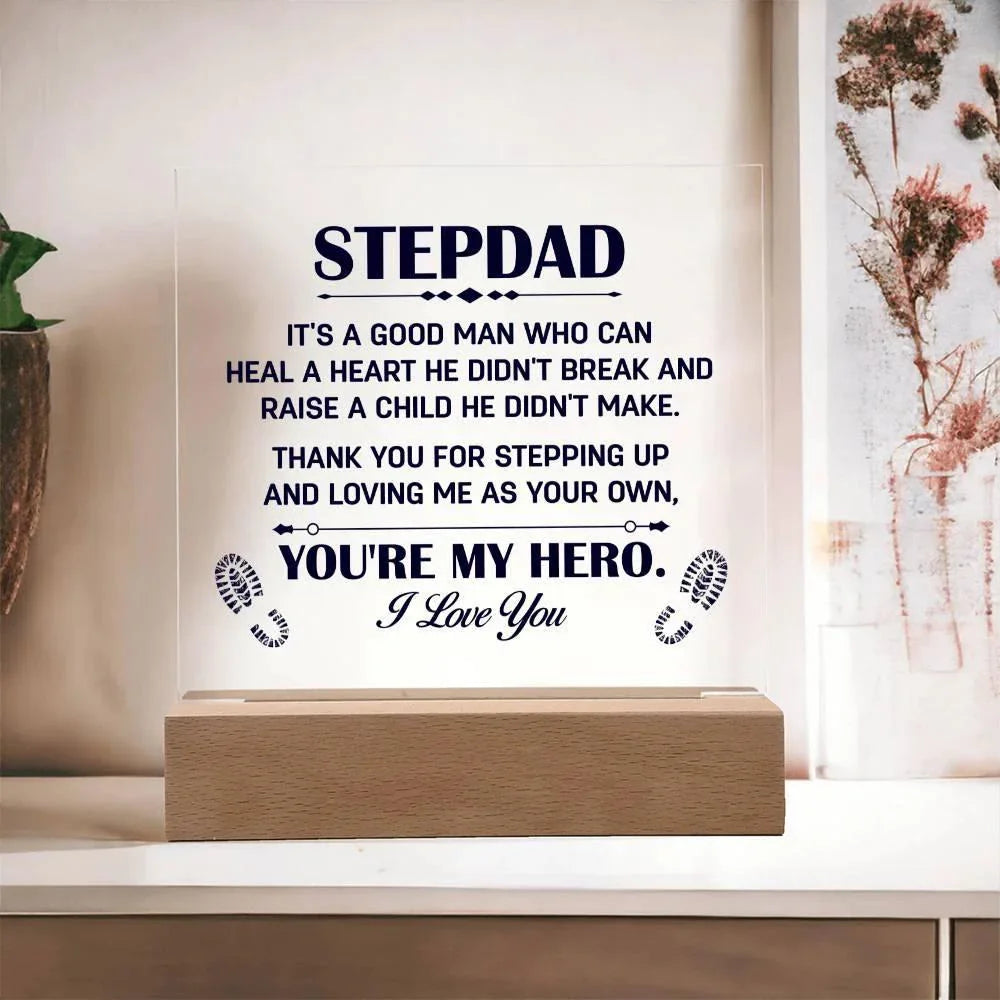 Stepdad Acrylic Plaque -You're My Hero– Personalized LED Light Gift for Bonus Dad | Father's Day, Christmas, or Birthday Keepsake