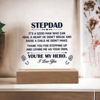Stepdad Acrylic Plaque -You're My Hero– Personalized LED Light Gift for Bonus Dad | Father's Day, Christmas, or Birthday Keepsake