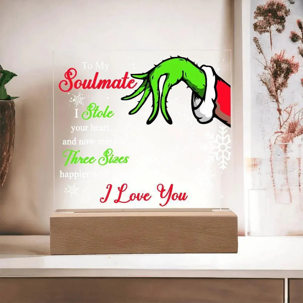 Soulmate Gift - Stole My Heart - Christmas Acrylic Plaque with Lighted LED Wooden Base
