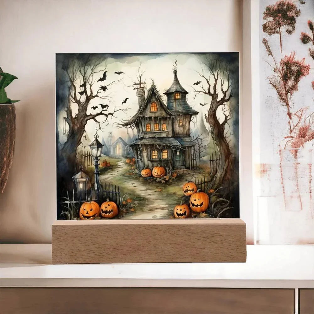 Midnight Manor: Premium Acrylic Halloween Plaque Haunted House Lighted Table-top Decor